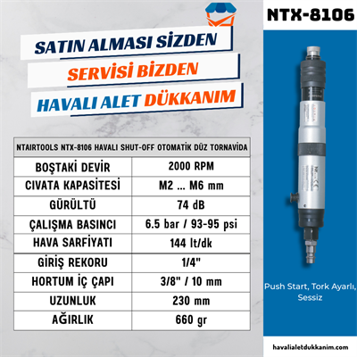 NTAirTools NTX-8106 Havalı Shut-Off Otomatik Düz Tornavida M2 ... M6