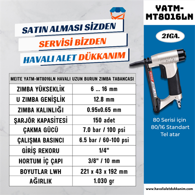 Meite YATM-MT8016LN Havalı Uzun Burun Zımba Tabancası 6-16 mm
