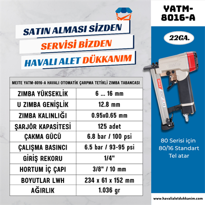 Meite YATM-8016-A Havalı Otomatik Çarpma Tetikli Zımba Tabancası 6-16 mm