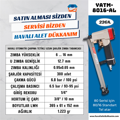 Meite YATM-8016-AL Havalı Otomatik Çarpma Tetikli Uzun Şarjör Zımba Tabancası 6-16 mm
