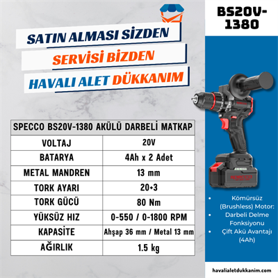 SPECCO BS20V-1380 Akülü Darbeli Matkap 80 Nm x2 Akü