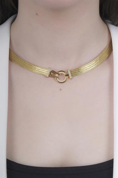 Aklina 5 Sıra Toka Detaylı Hasır Altın Kolye Sarı