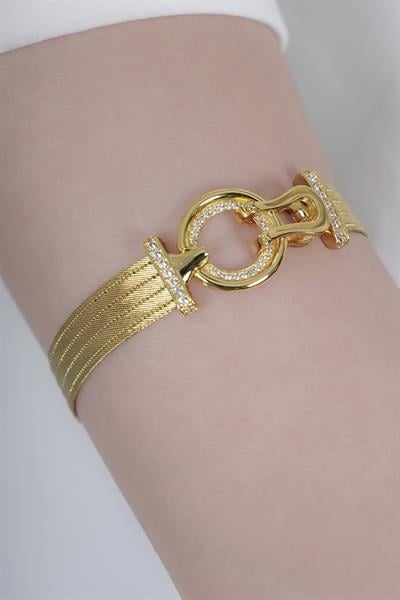 Aklina 5 Sıra Toka Detaylı Hasır Altın Bilezik Sarı