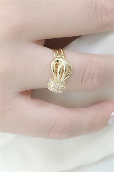 Davina 14 Ayar 3 Sıra Kurdele Toka Detaylı Altın Yüzük Yeşil