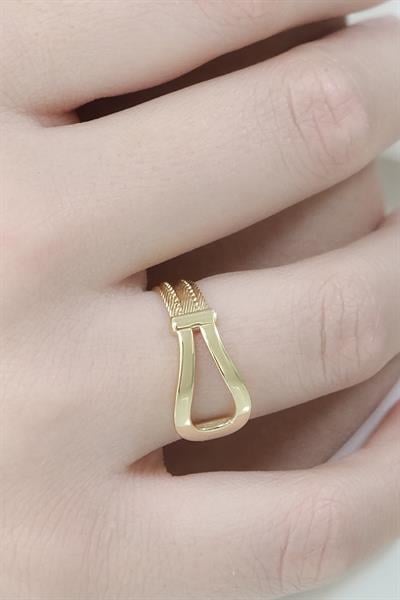 Doleres 14 Ayar 3 Sıra Toka Detaylı Altın Yüzük Yeşil