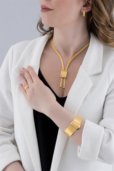 Klasik 11 Sıra Bilezik 3 Sıra Kare Toka Gerdanlık Yüzük Küpe Altın Set 