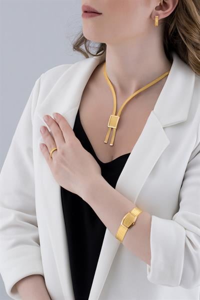 Klasik 7 Sıra Bilezik 3 Sıra Kare Toka Gerdanlık Yüzük Küpe Altın Set 