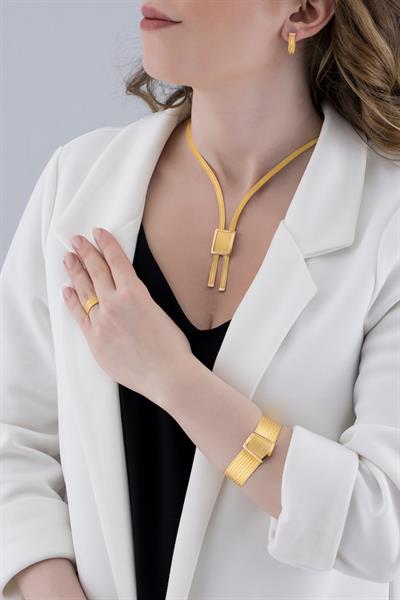 Klasik 9 Sıra Bilezik 3 Sıra Kare Toka Gerdanlık Yüzük Küpe Altın Set 