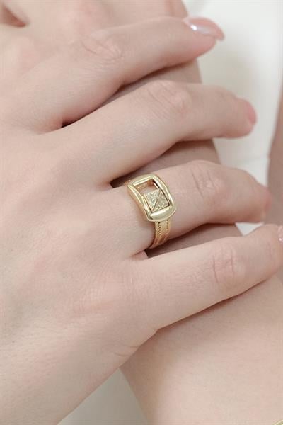 Lela 14 Ayar 3 Sıra Toka Detaylı Altın Yüzük Yeşil