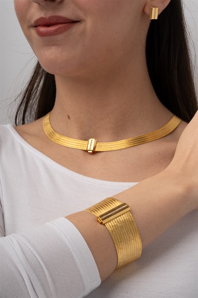 LINEA SET – 5 Sıra Gerdanlık & 13 Sıra Bileklik & Küpe / 14 Ayar Altın