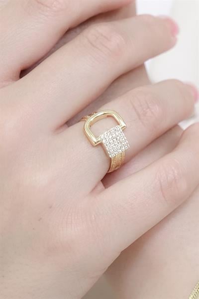 Sandra 14 Ayar 3 Sıra Toka Detaylı Altın Yüzük Yeşil