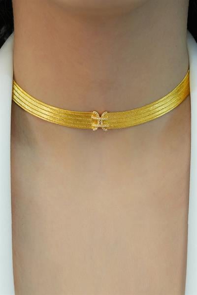 Solena 5 Sıra Toka Detaylı Hasır Altın Kolye