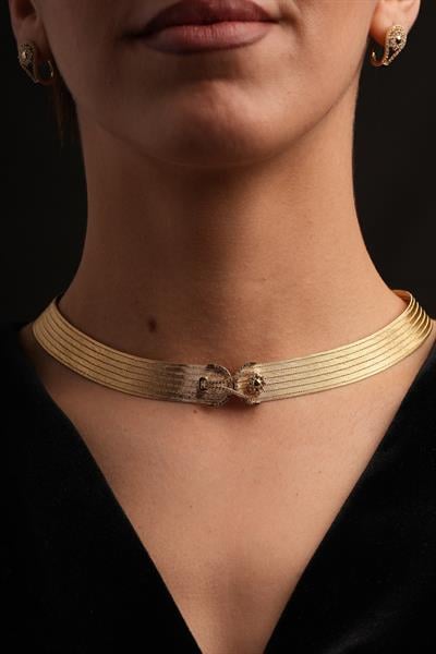 Tulipa Özel Seri 7 Sıra Taş Detaylı Hasır Altın Kolye Sarı