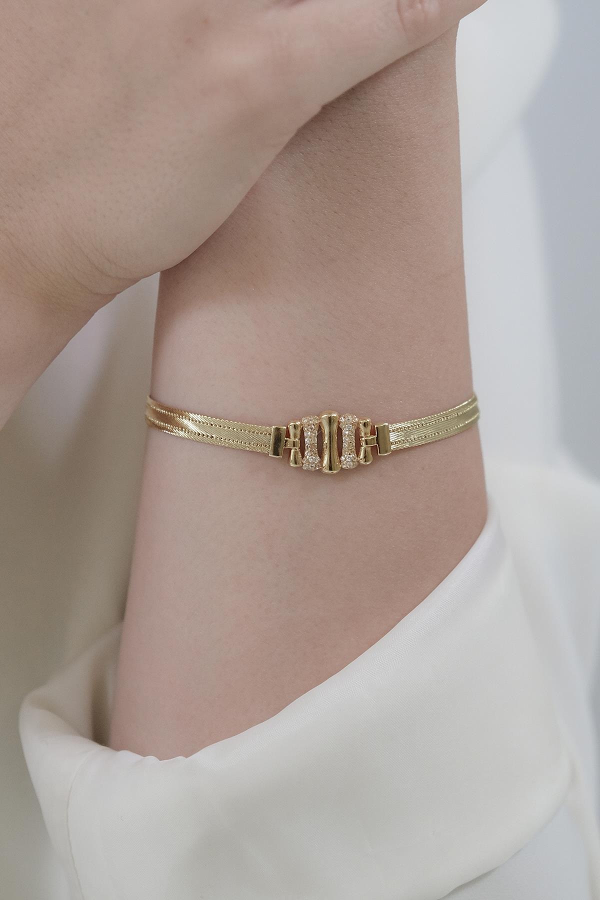 Alnair 14 Ayar 3 Sıra Taş Toka Detaylı Altın Bilezik Yeşil