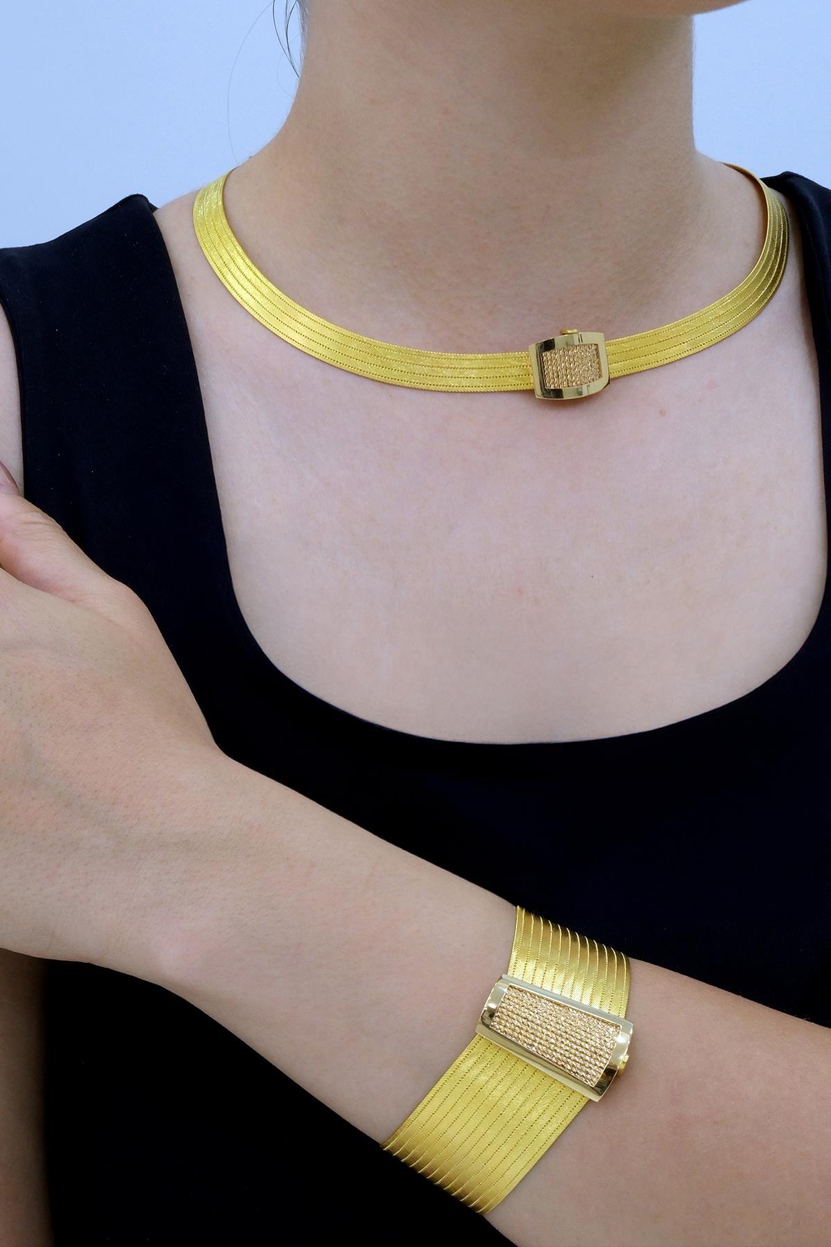 Ursula 13 Sıra Bilezik 5 Sıra Gerdanlık Küpe Trabzon Hasır Set Sarı