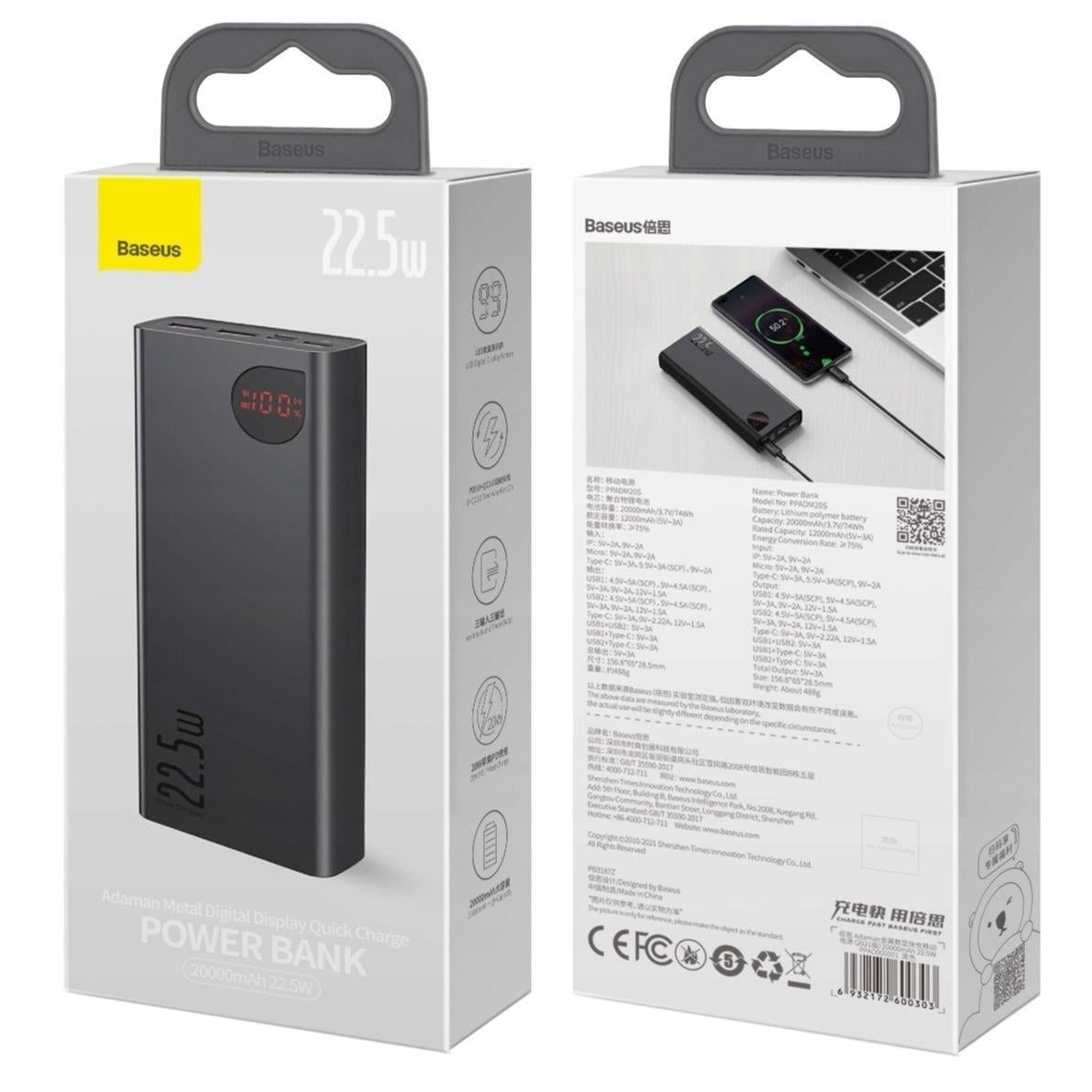 Baseus Adaman 20000mAh 22.5W Dijital Ekranlı Metal Powerbank | Hızlı Şarj Destekli Taşınabilir Şarj Cihazı