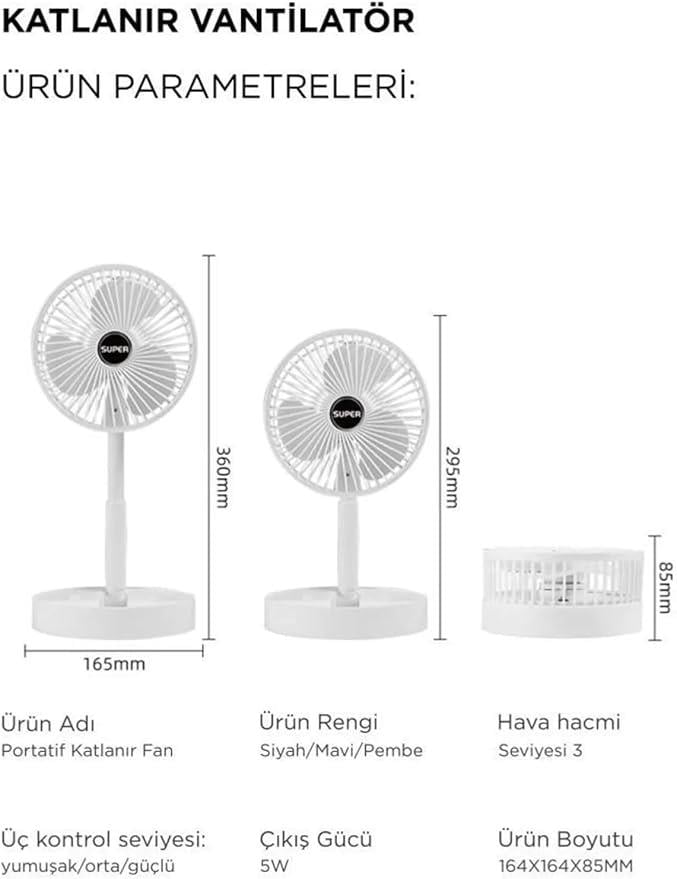Blic BFN11 Beyaz Şarjlı Katlanılabilir Mini Fan Masa Üstü Vantilatörü Soğutucu Sessiz El Fanı
