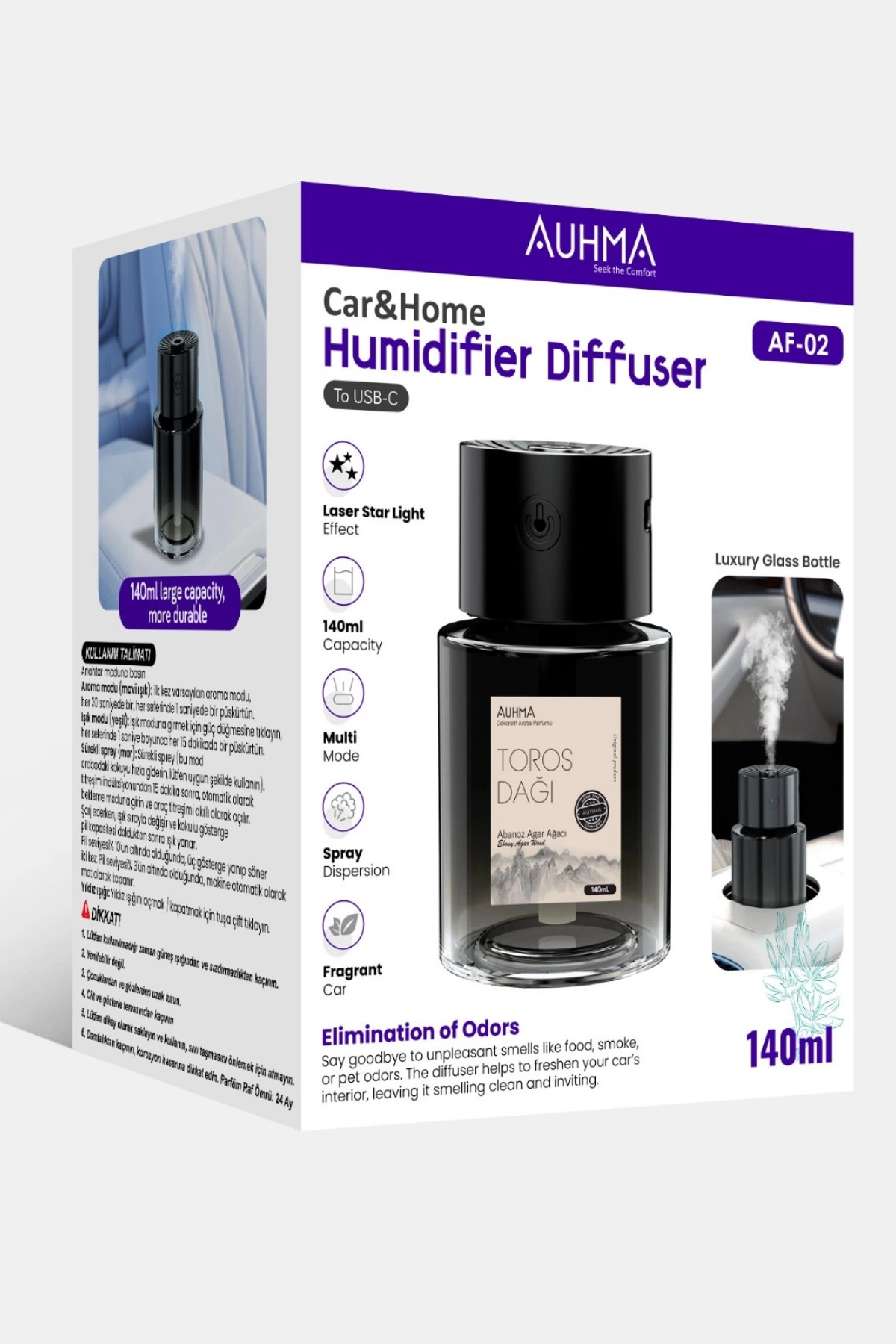 AUHMA AF-02 Araç & Ev İçi Kokulu Hava Nemlendirici | USB Şarjlı | 140ml Toros Dağı Aromalı