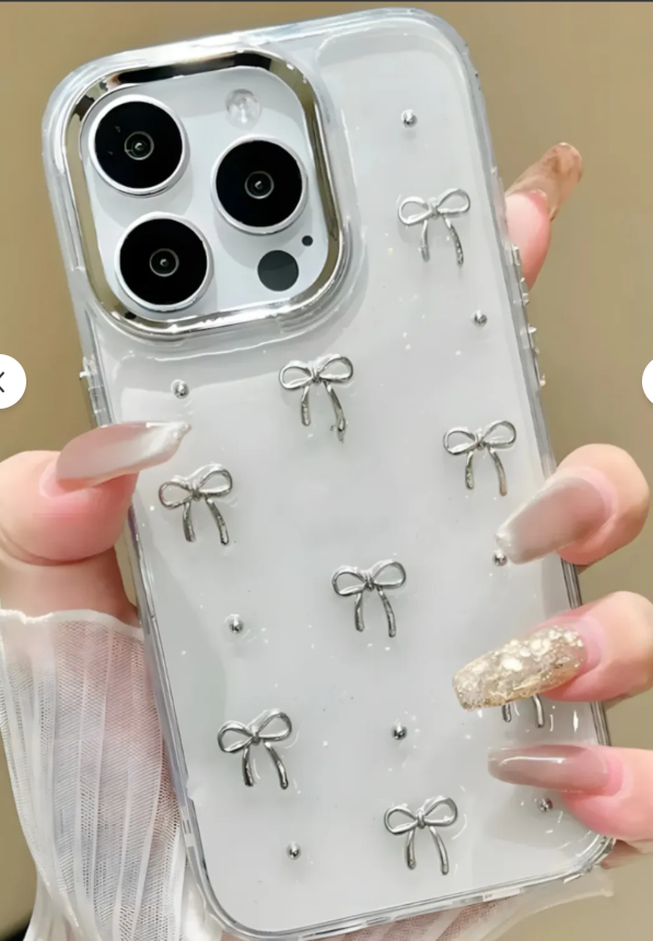 Fibaks Apple iPhone 15 Pro Max Kılıf Fiyonk Desenli Şeffaf Simli Gümüş Kamera Çıkıntılı Parlak Kapak