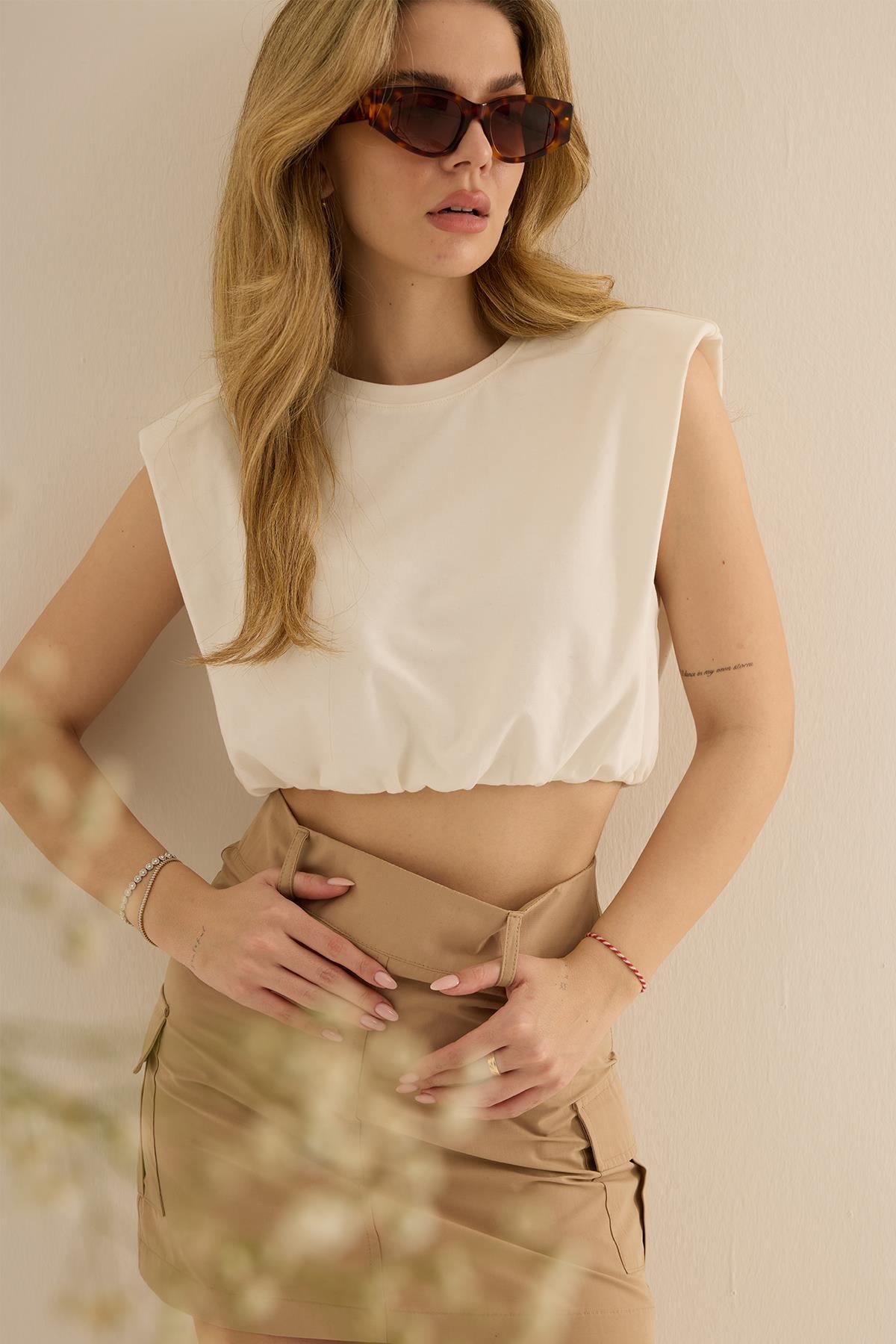 Büzgülü Crop Tshirt - Ekru