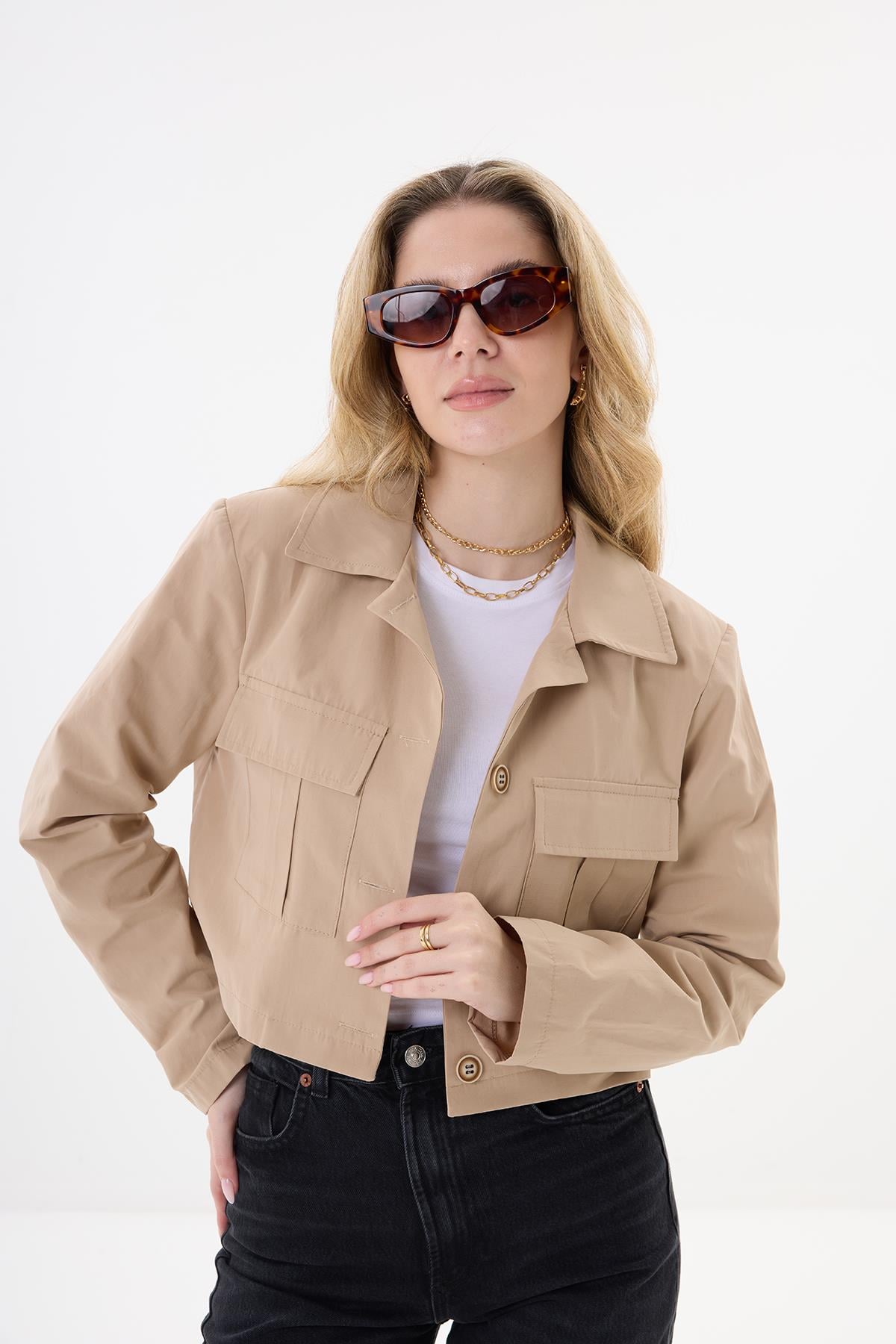 Cepli Crop Ceket - Kum