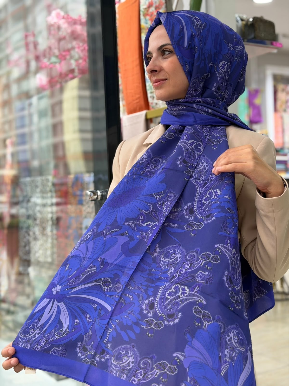 Ed Scarf Floş Viskon Şal Flare Desen Lacivert Rengi