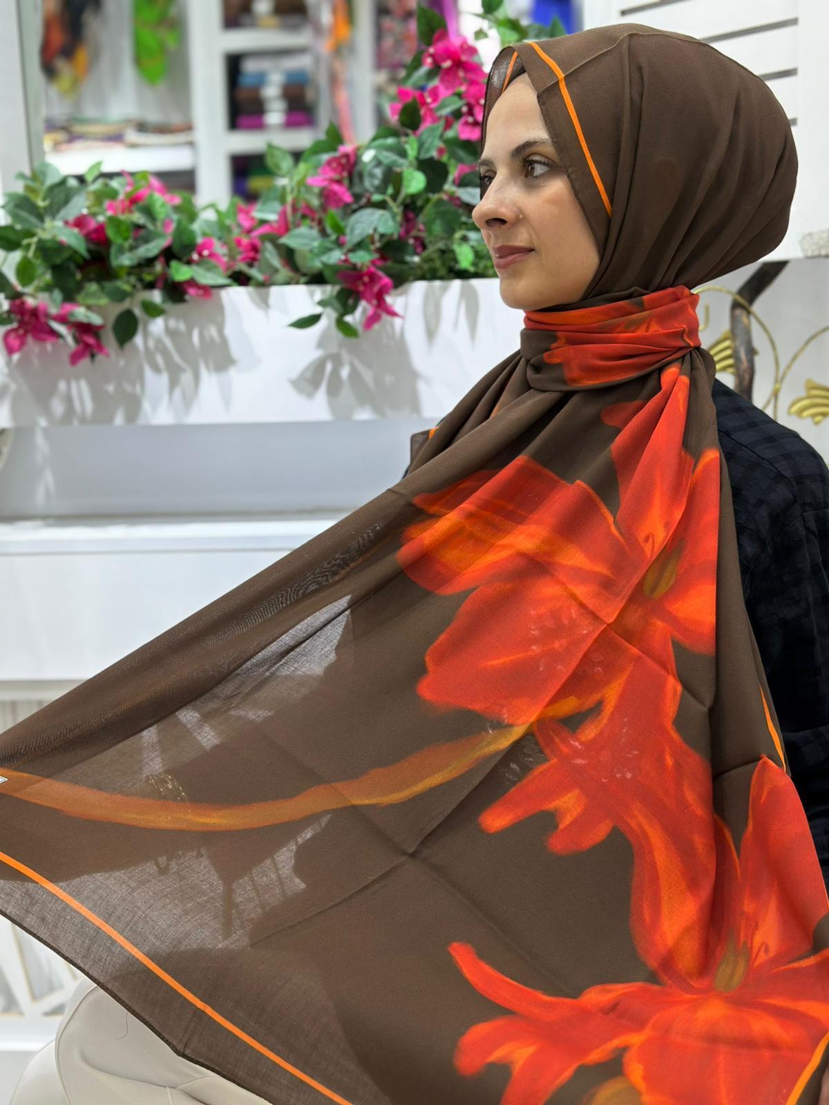 ipek Modal Velvet Bloom Desen Şal Kahve Rengi