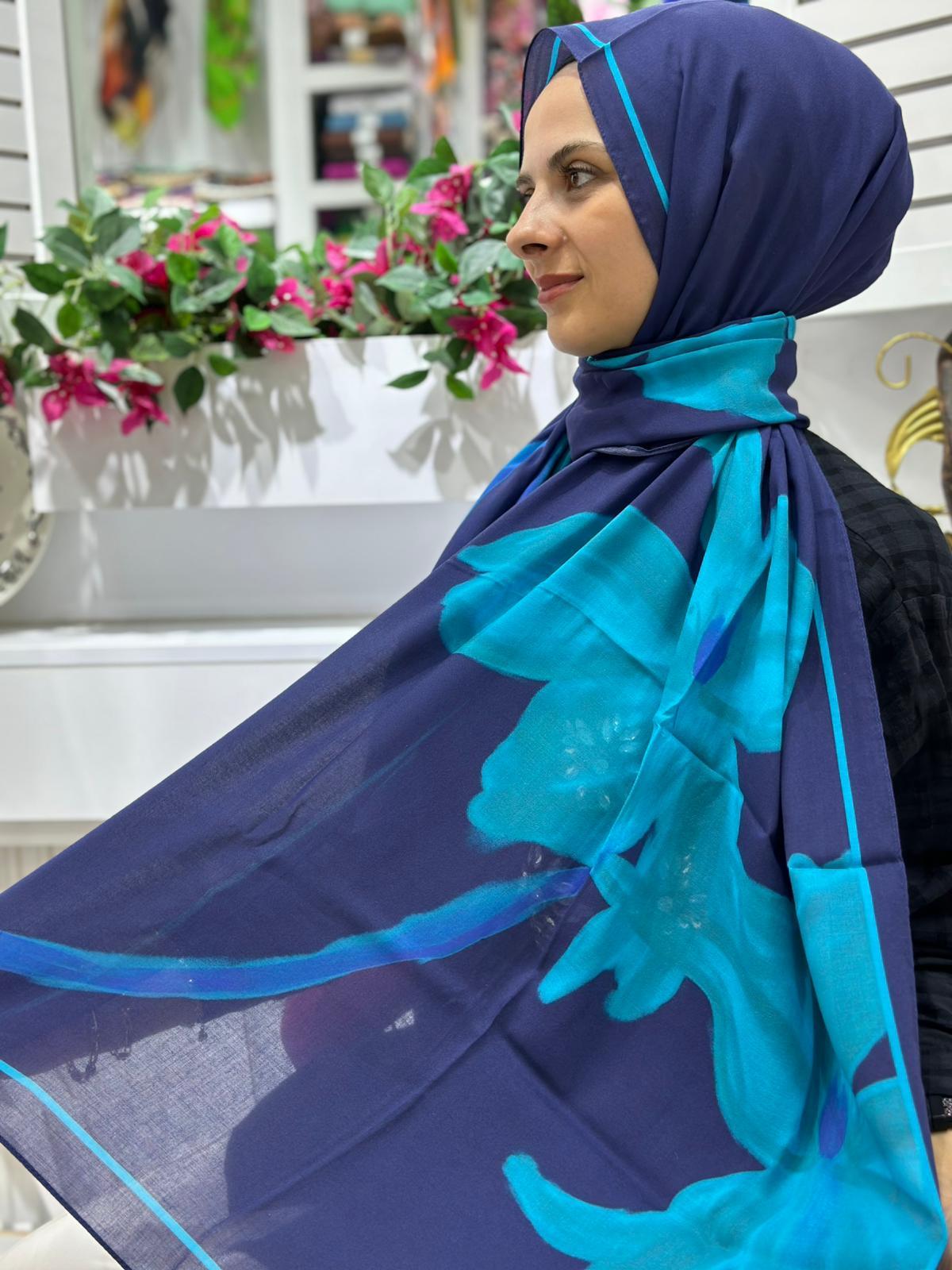 ipek Modal Velvet Bloom Desen Şal Lacivert-Turkuaz Rengi
