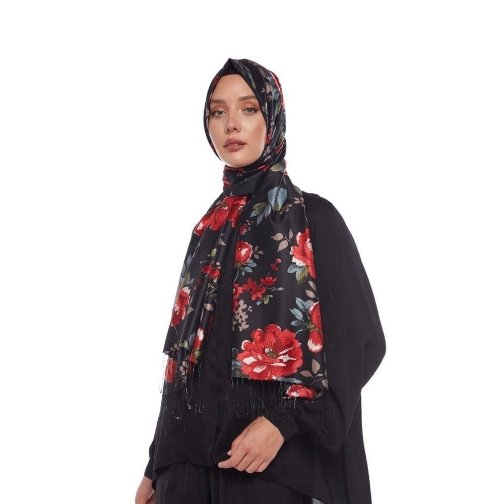 İpekevi Asma Gül İpek Şal Siyah Rengi