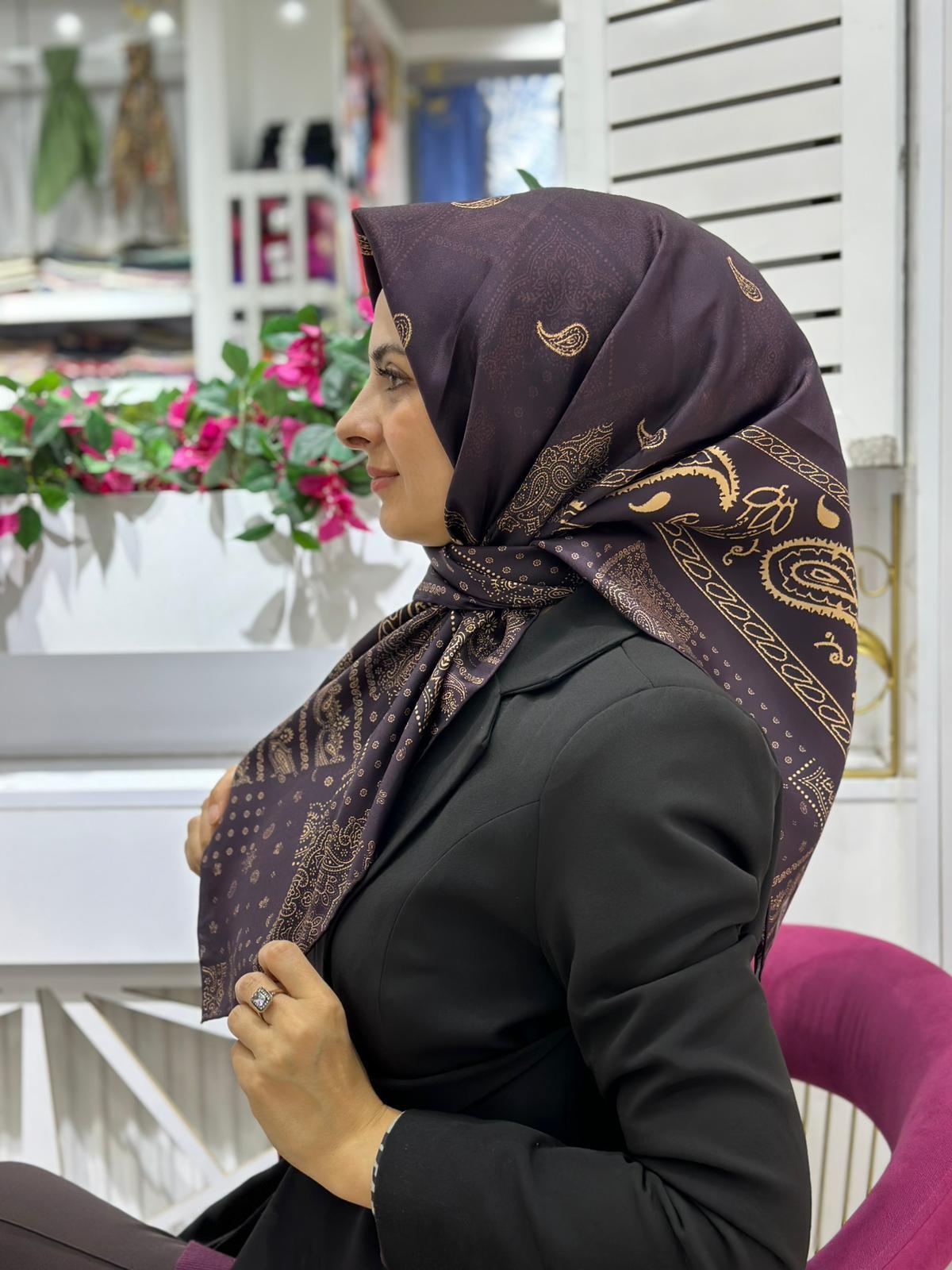 İpekevi Desenli İpek Eşarp Mürdüm Rengi