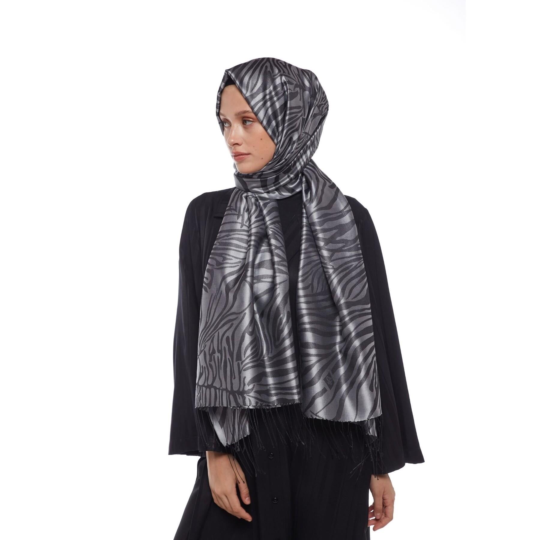 İpekevi Zebra Jakar Desenli %100 İpek Şal Gümüş Rengi