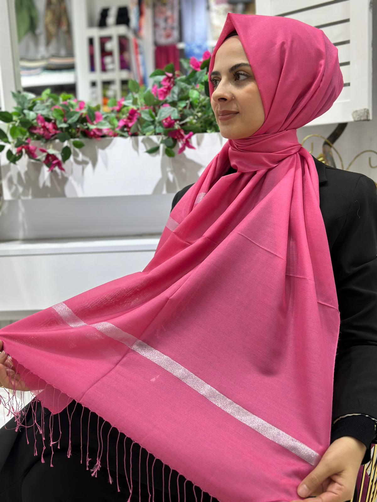 İthal Saçaklı Sim Bandlı %18 İpek Şal Şeker Pembe Rengi