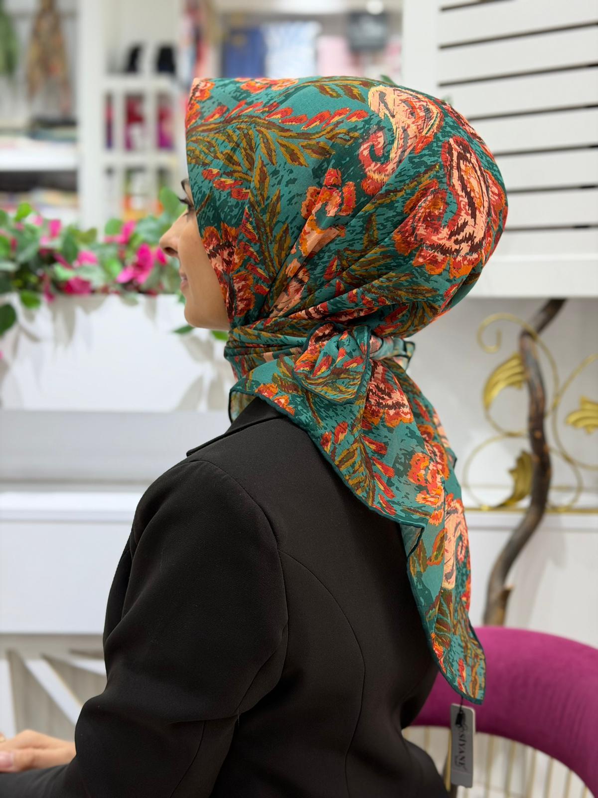 Siyane Desenli Natural Eşarp 05