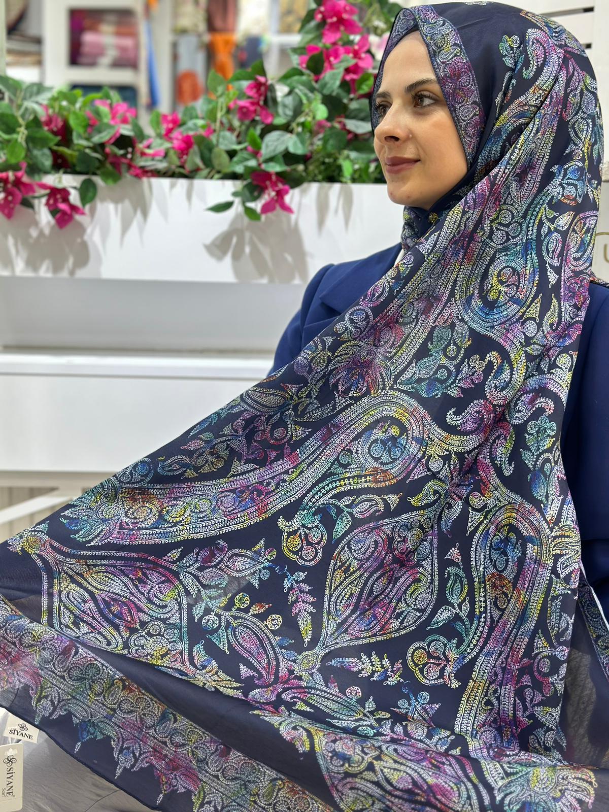 Siyane Desenli Pamuklu Şal Lacivert Rengi