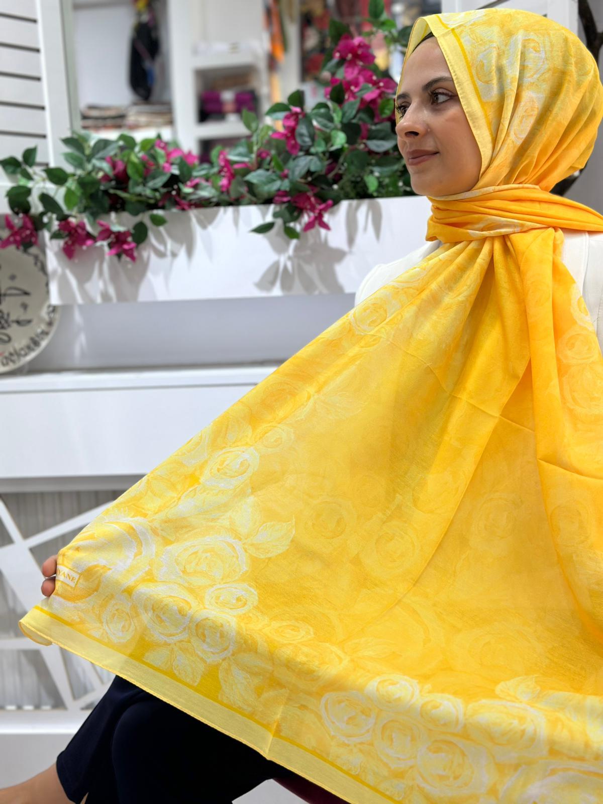 Siyane Desenli Pamuklu Şal Sarı Rengi