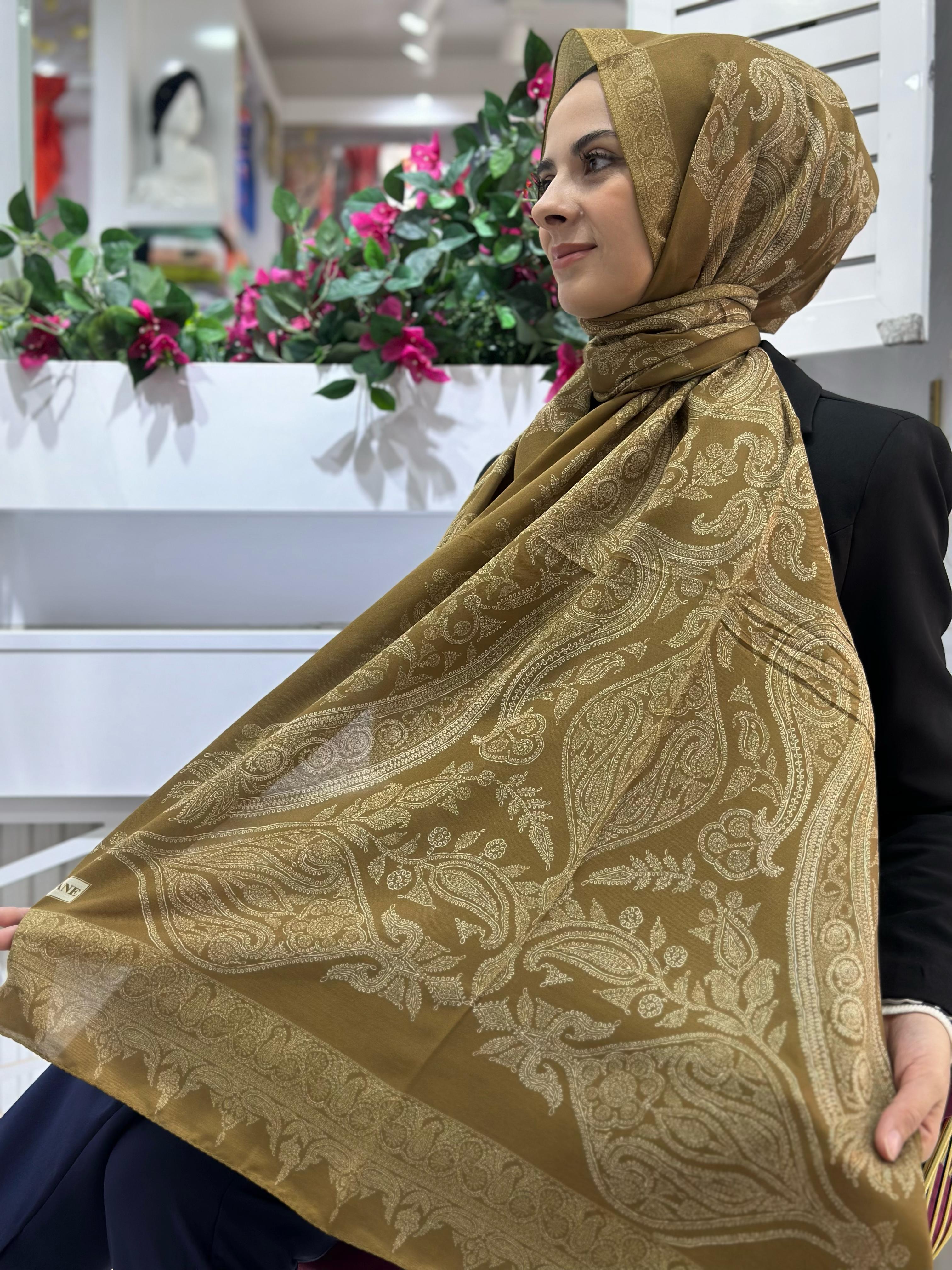 Siyane Desenli Pamuklu Şal Yağ Yeşili Rengi