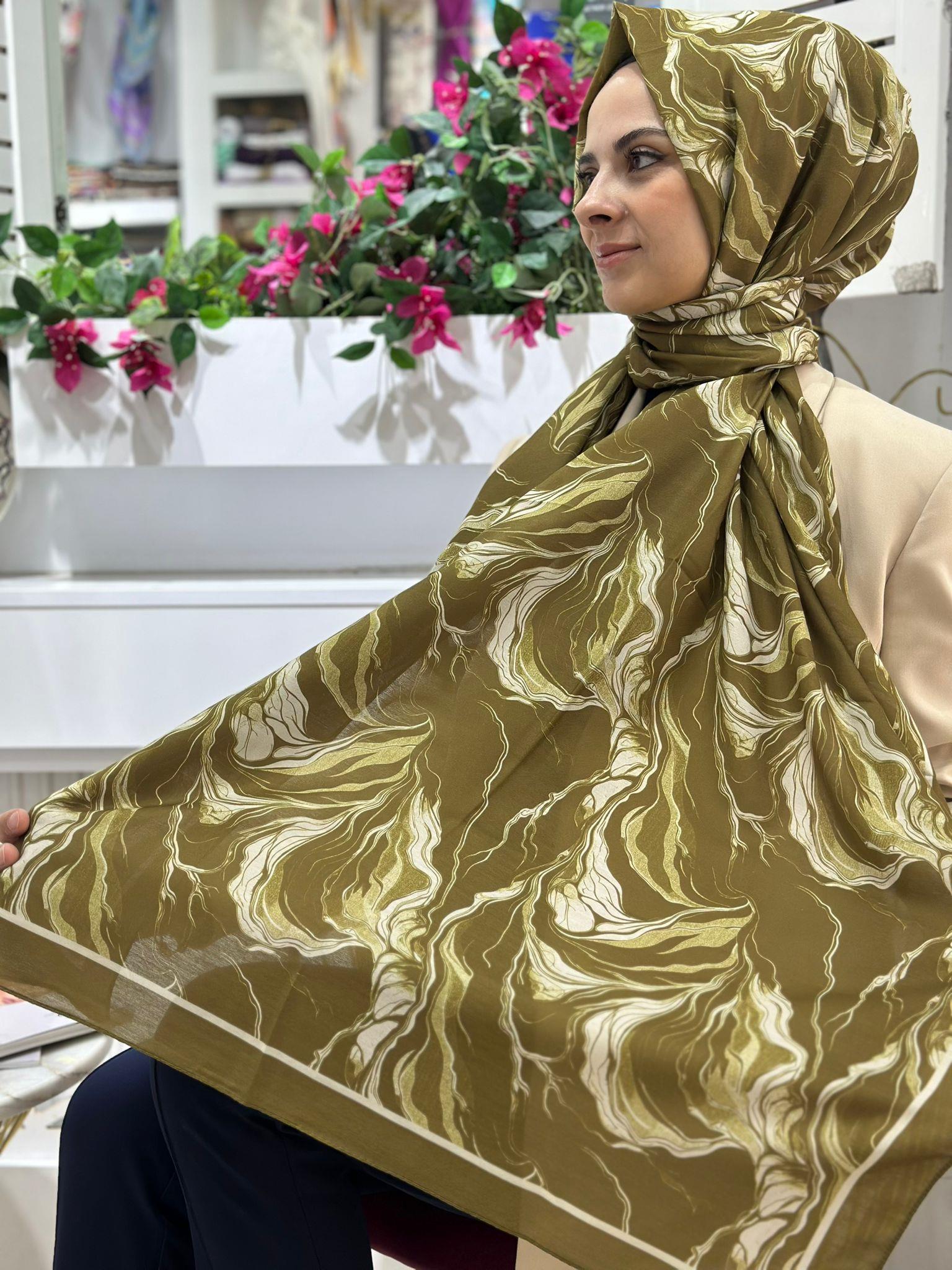 Siyane Desenli Pamuklu Şal Yağ Yeşili Rengi