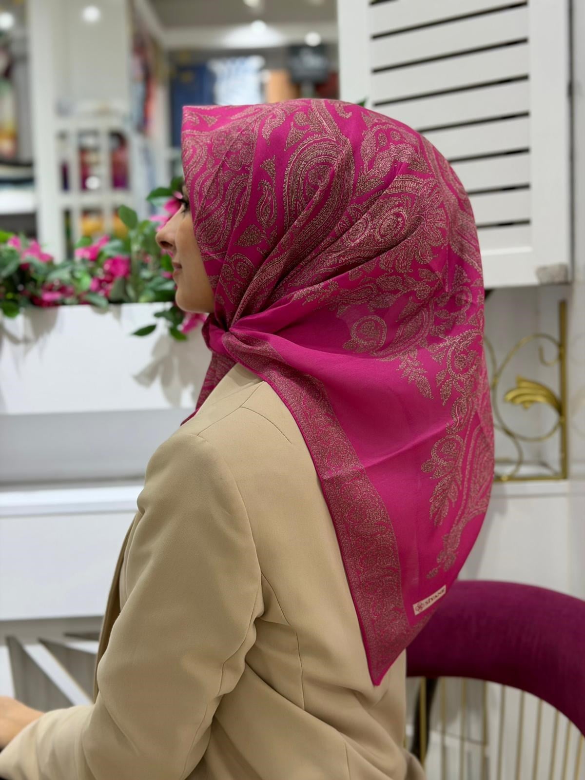Siyane Desenli Soft Eşarp Fuşya Rengi