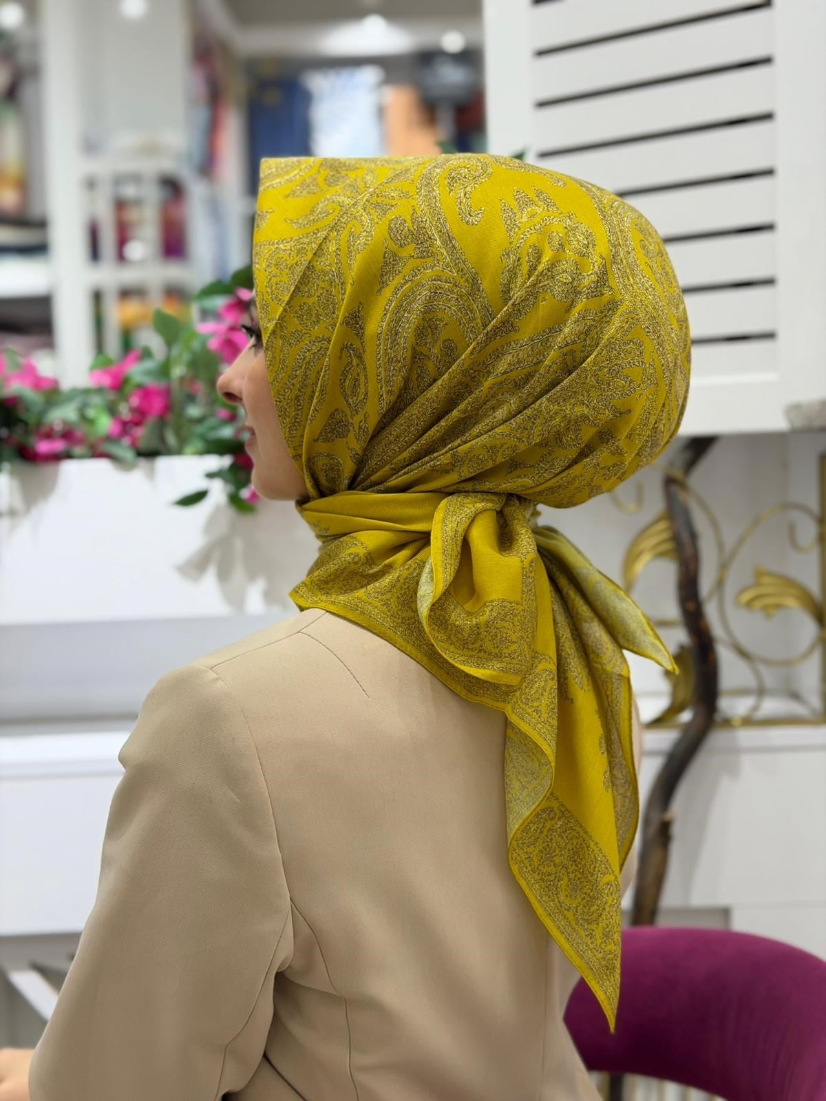 Siyane Desenli Soft Eşarp Hardal Rengi