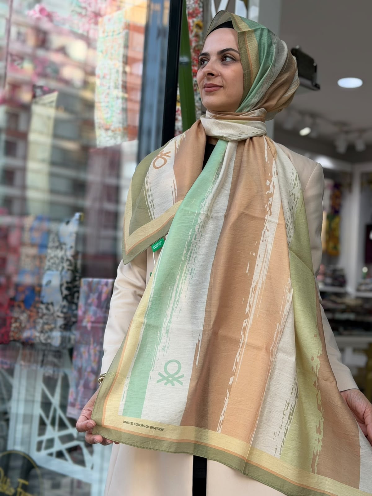Benetton Desenli Şal Su Yeşili Rengi (Yeni Sezon)