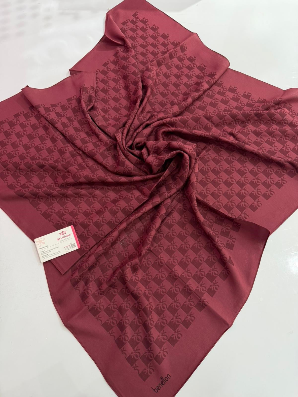 Benetton Monogram Elegante Eşarp Koyu Bordo Rengi