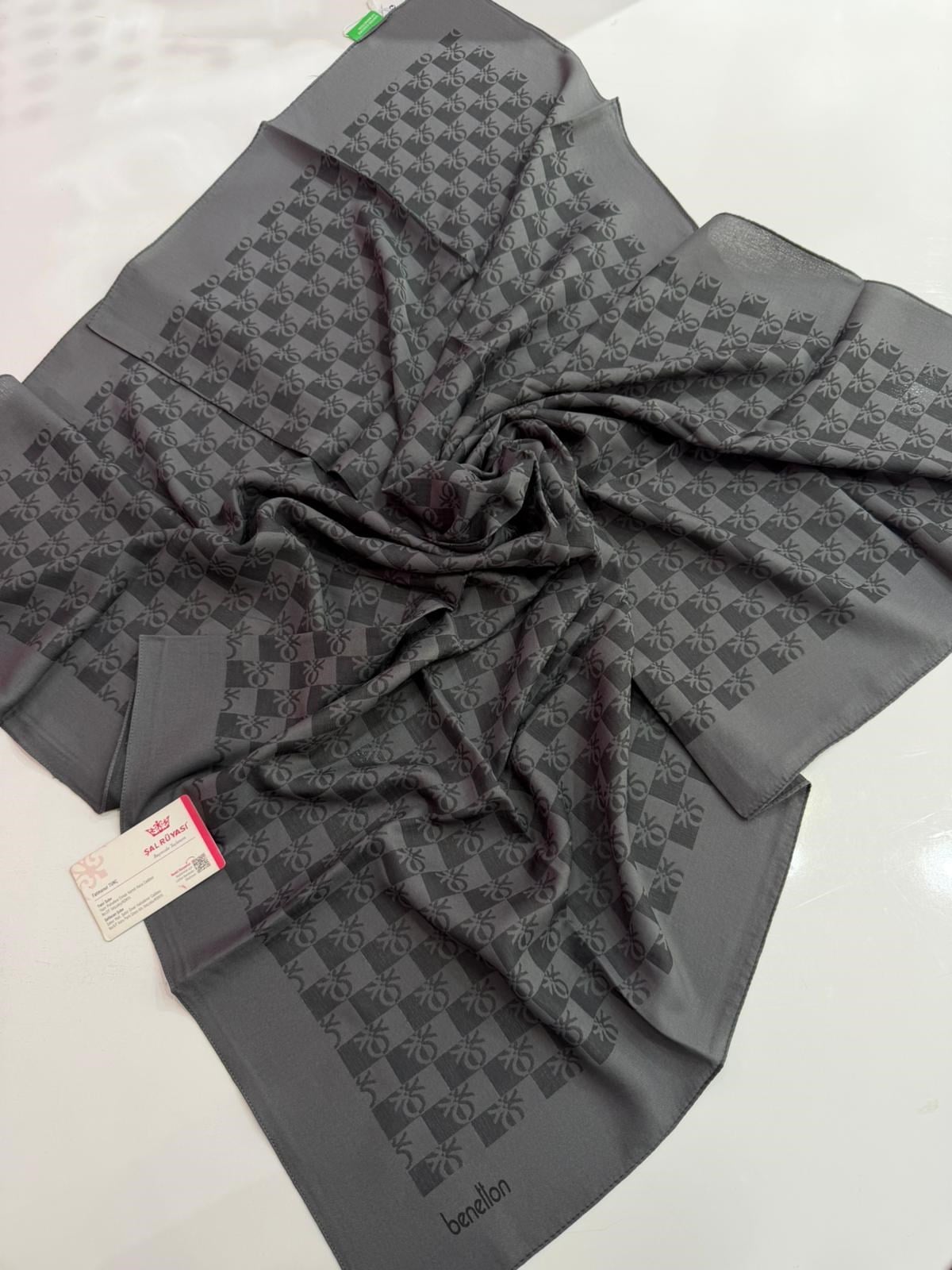 Benetton Monogram Elegante Eşarp Koyu Antrasit Rengi