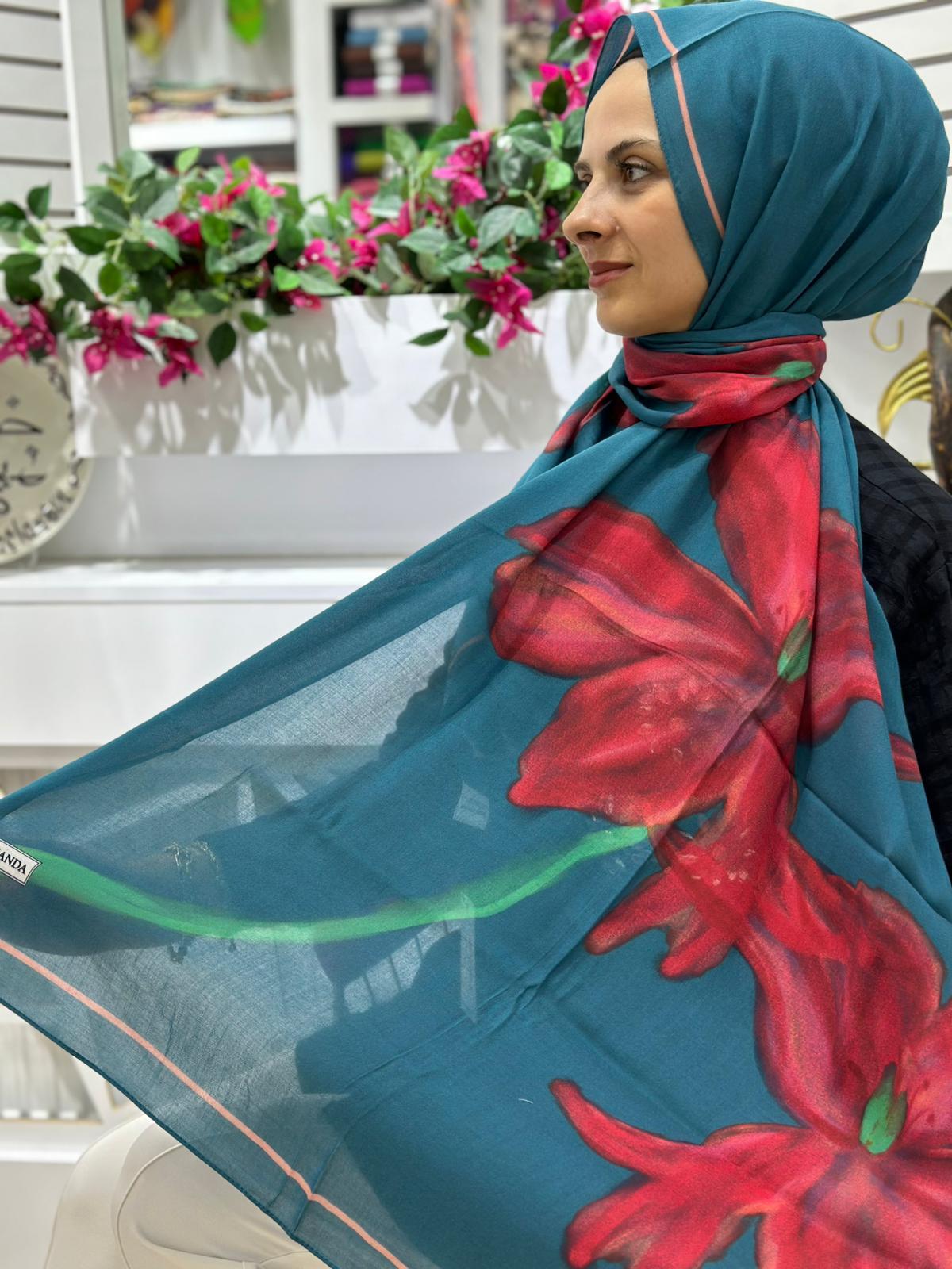 ipek Modal Velvet Bloom Desen Şal Petrol Mavisi Rengi