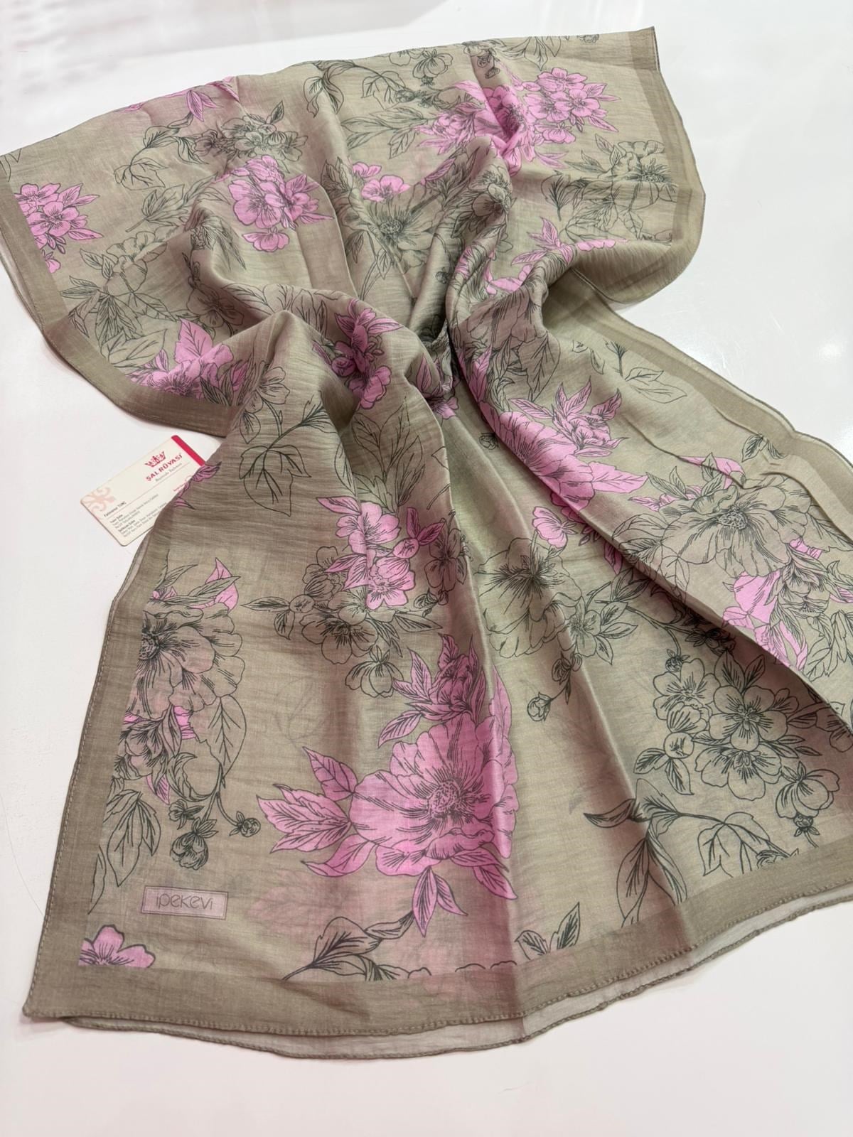 İpekevi Haki Pembe Açelya Desenli Tensel Şal