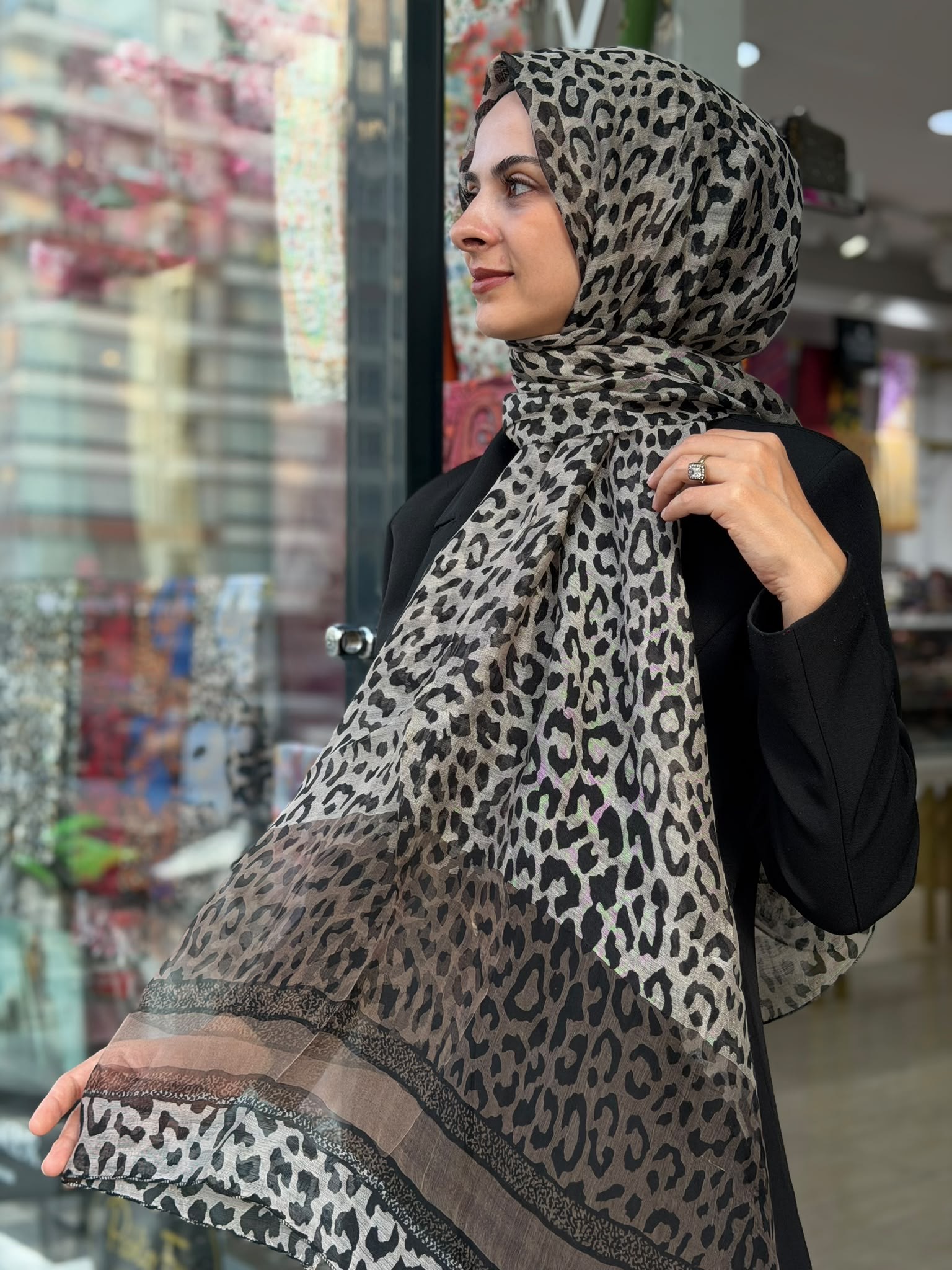 İthal Leopar Tül Şal Koyu Vizon Rengi