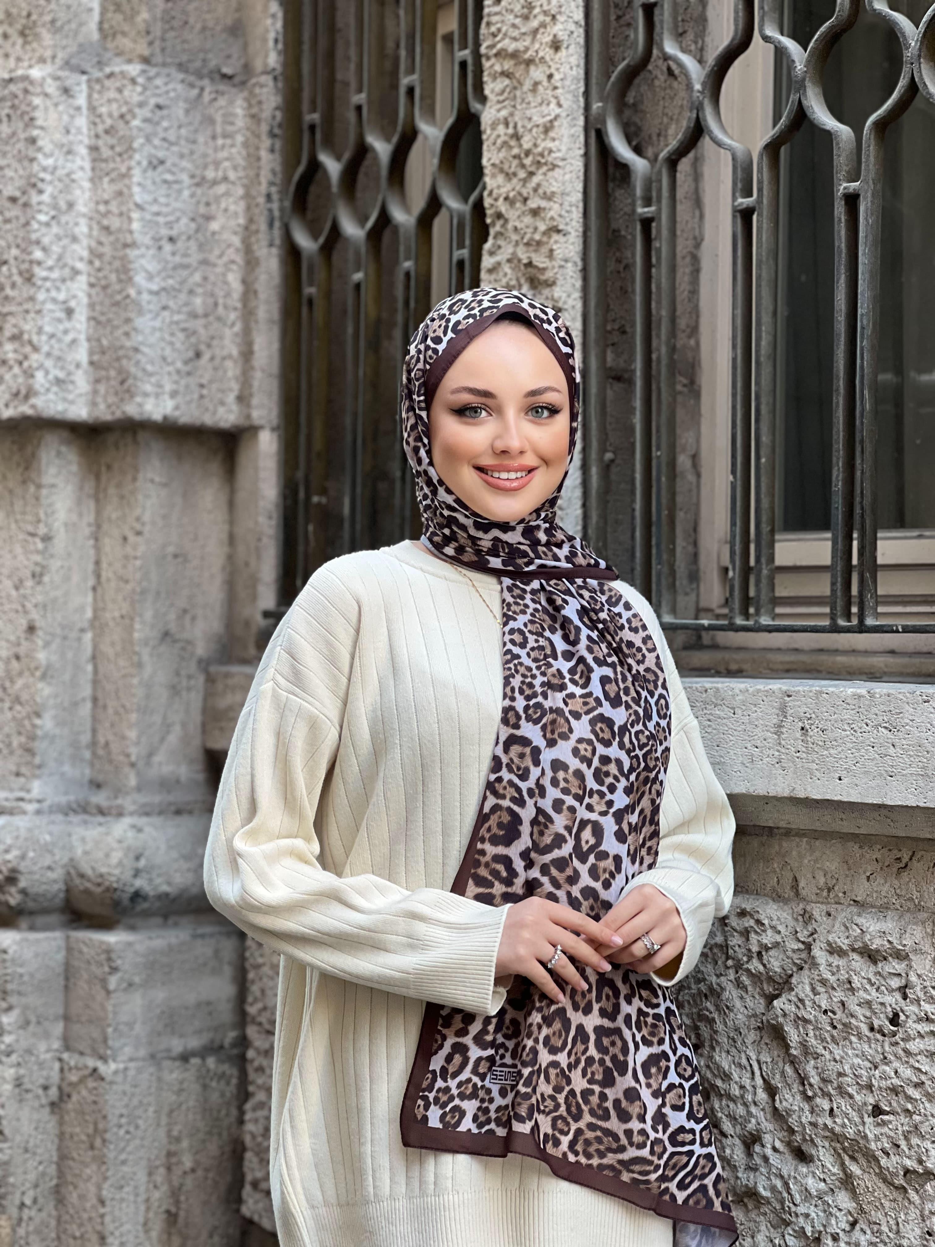 Sensitive Leopar Desenli Şal Pamuklu Koyu Kahve Rengi