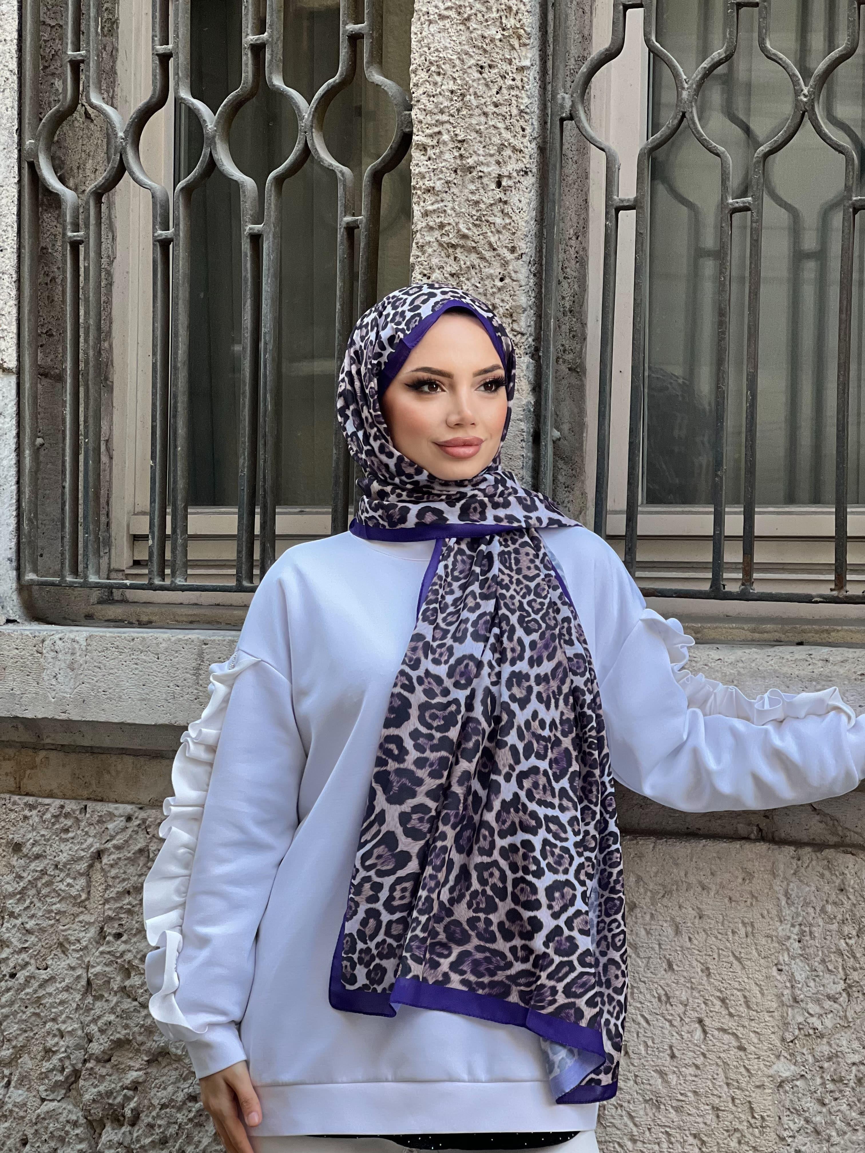 Sensitive Leopar Desenli Şal Pamuklu Mor Rengi