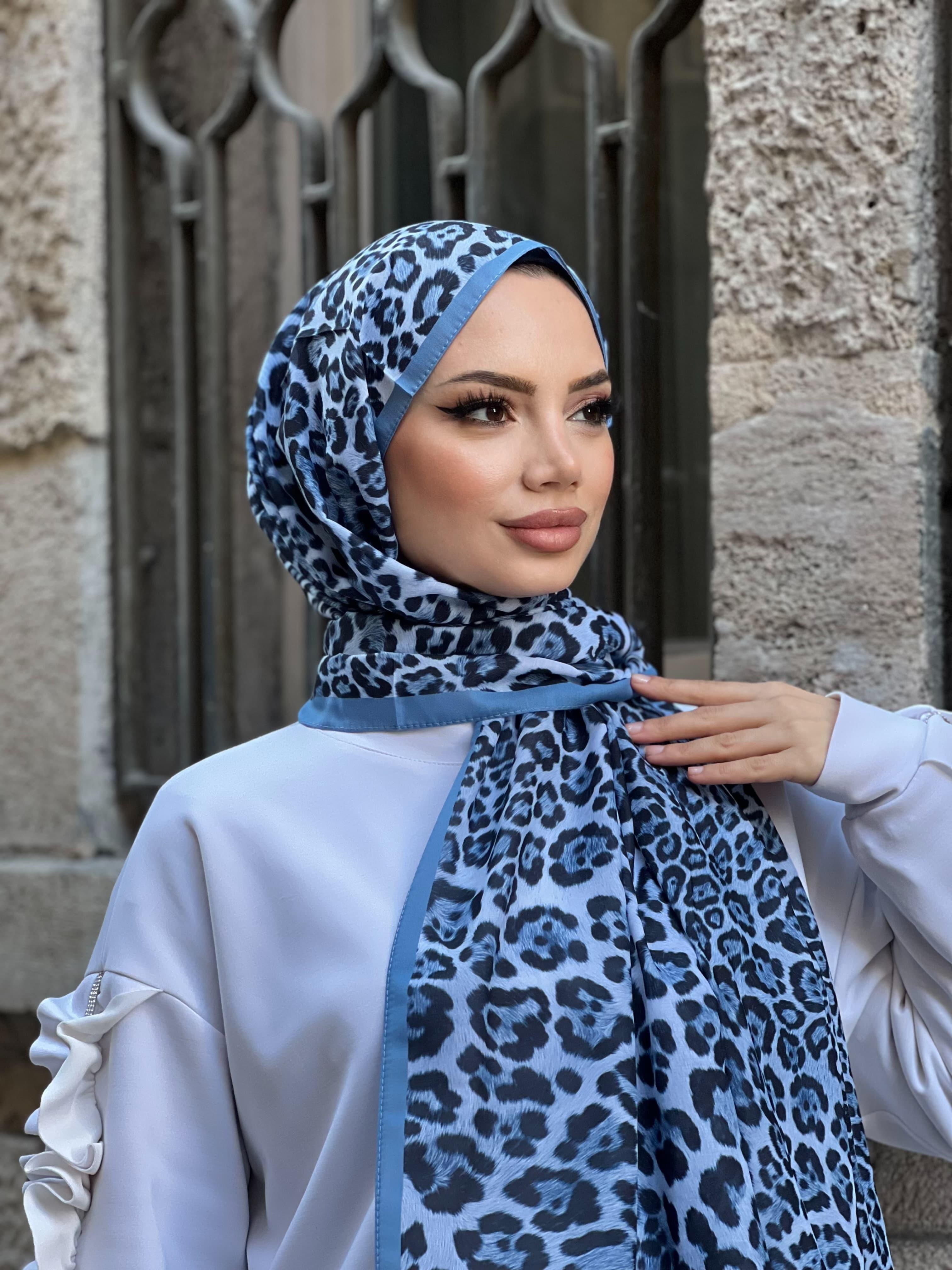 Sensitive Leopar Desenli Şal Pamuklu Mavi Rengi