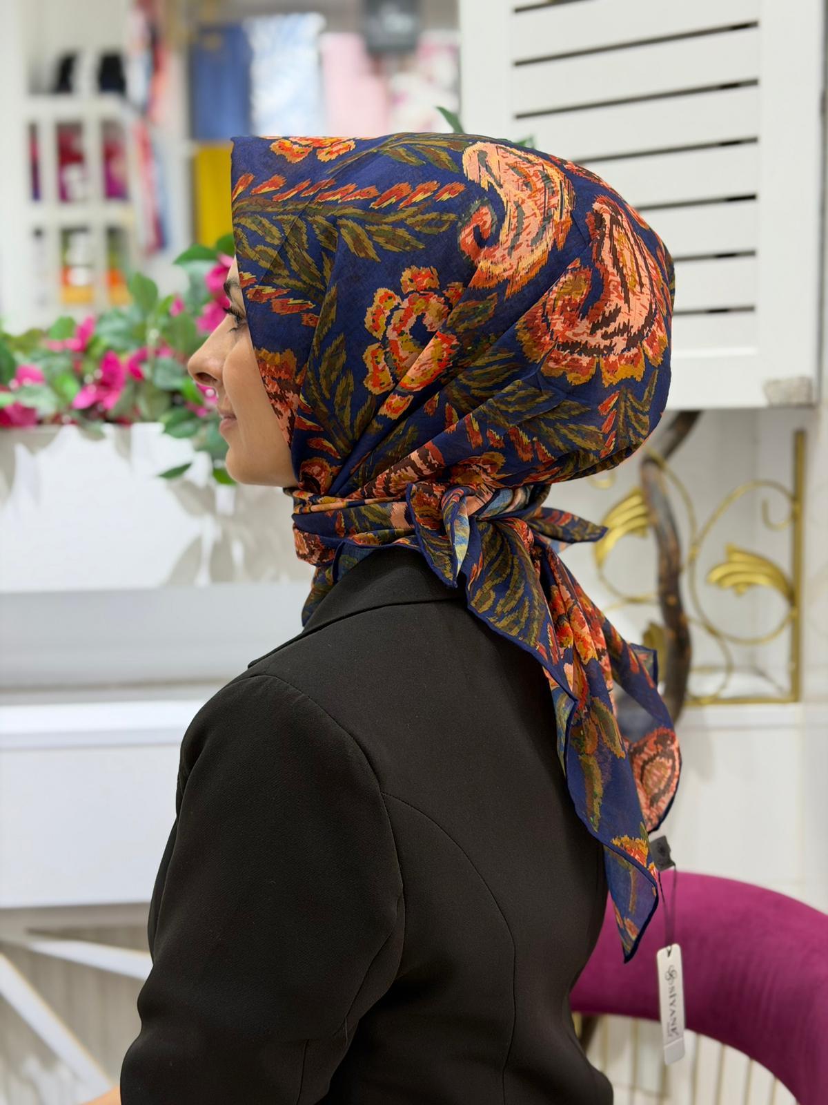 Siyane Desenli Natural Eşarp 03