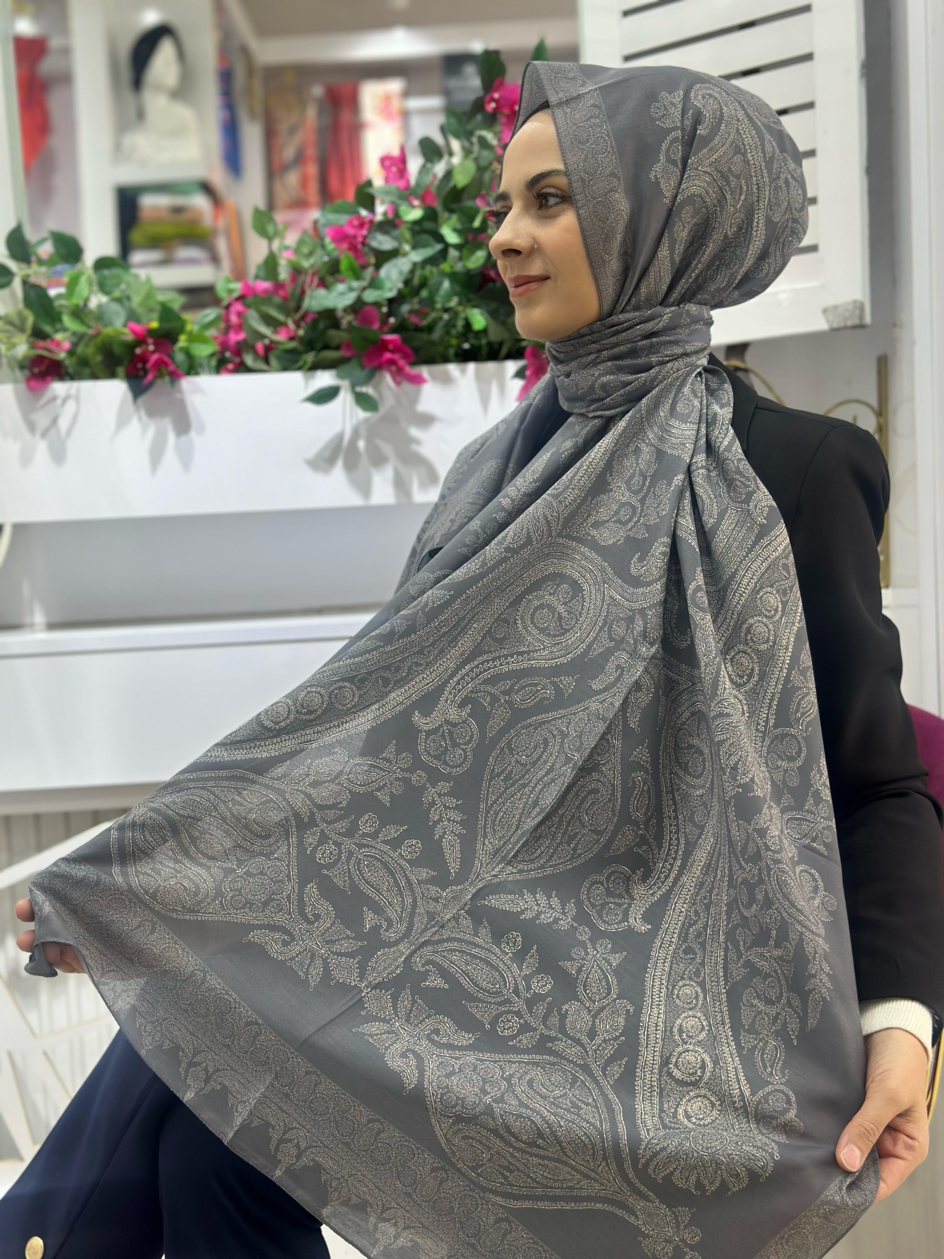 Siyane Desenli Pamuklu Şal Gri Rengi